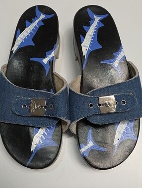 Dr. Scholl's Wooden Exercise Denim Canvas Slides with Painted Marlin Graphic
